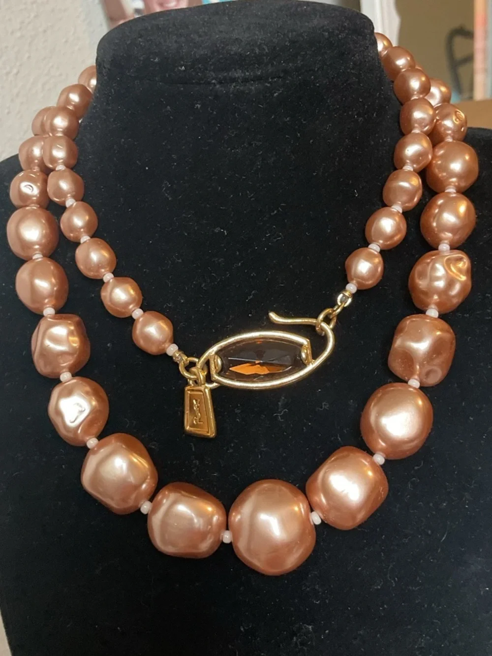 Vintage YSL Yves Saint Laurent Champagne Faux Pearl Graduated Bead Necklace 29”